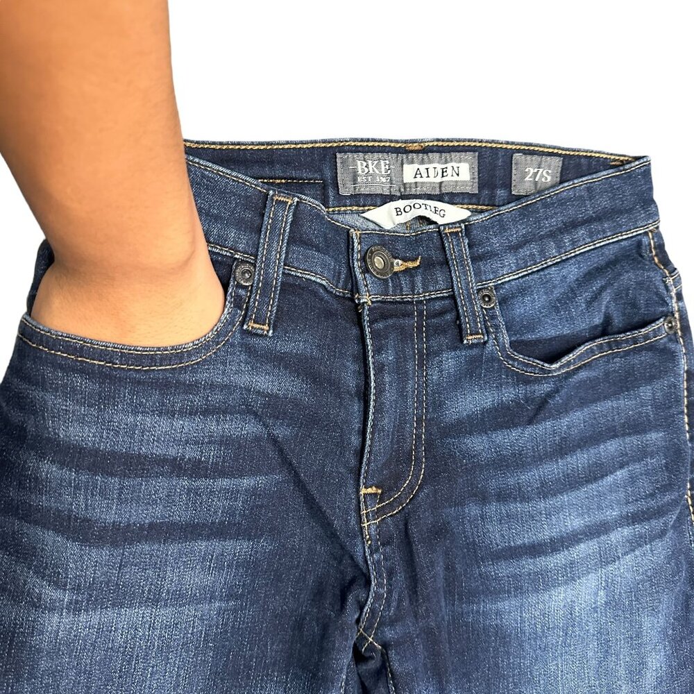 BKE Aiden Mens 27S Bootleg Jeans Dark Wash Denim Whiskered 30" Inseam Mid Rise - Picture 8 of 16
